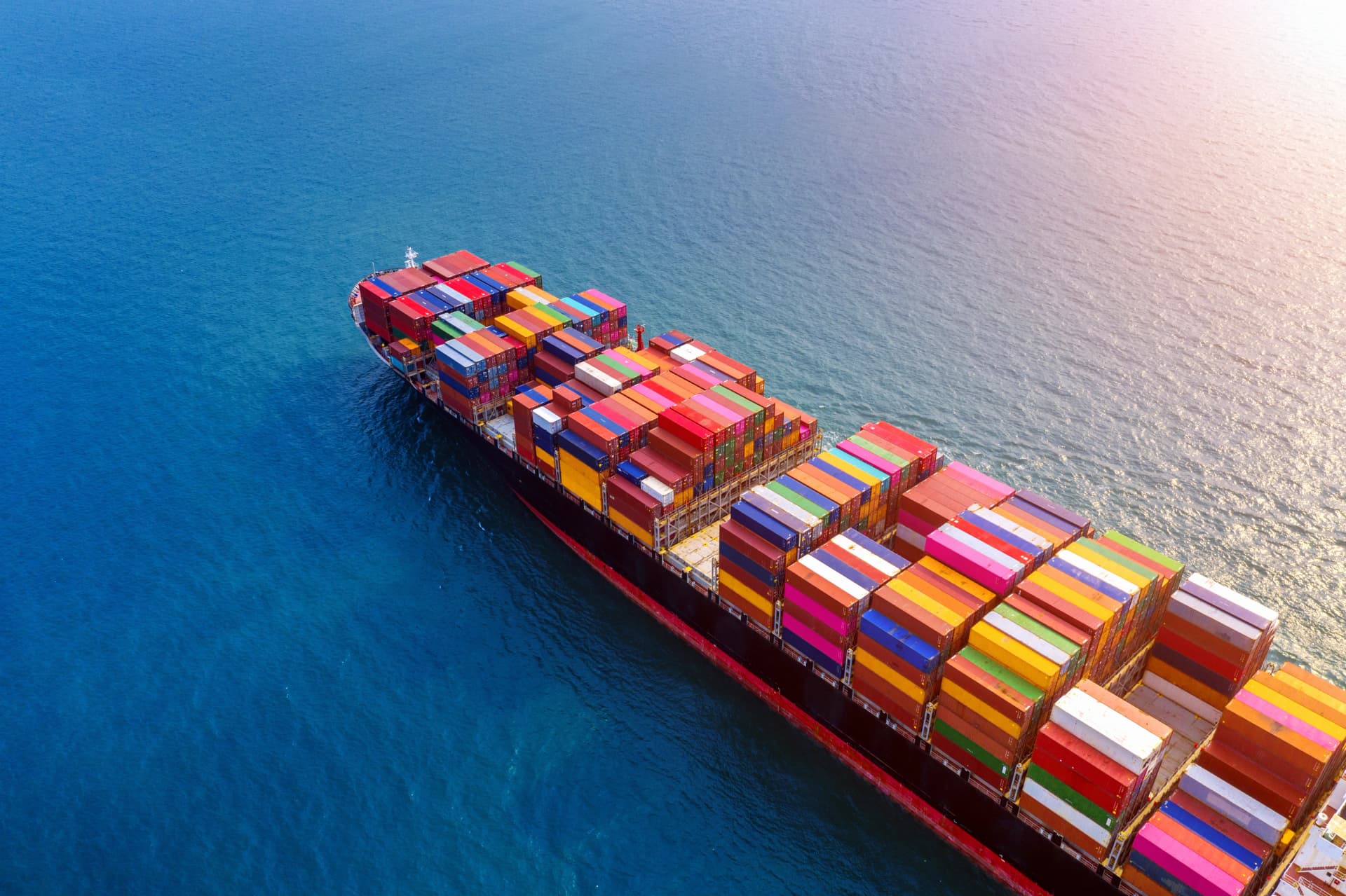 Aerial view of a container ship at sea